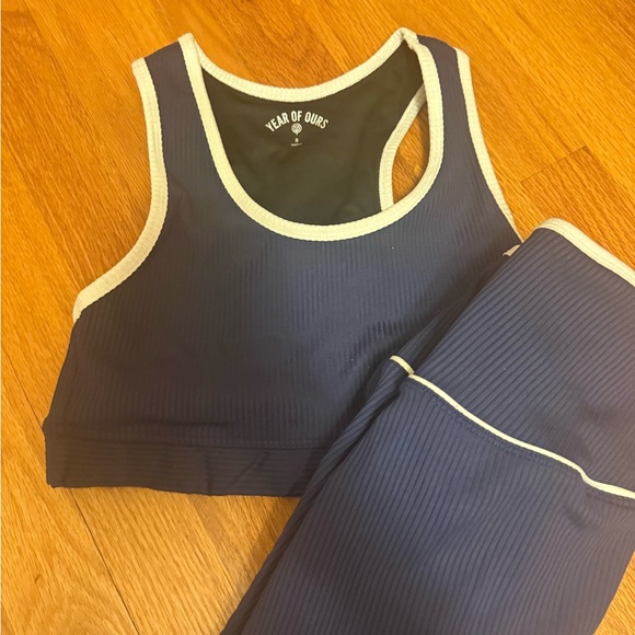 Year of Ours Navy Ribbed Sports Bra & Leggings with White Piping SET size small - Picture 3 of 3